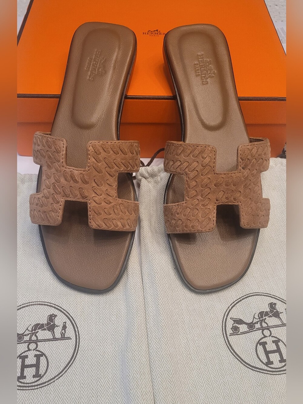 🇫🇷 Hermes Brown Oran✨️ Suede Slide Sandals🇫🇷